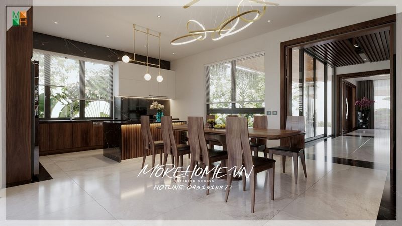 Không gian mở thoáng của phòng ăn liền bếp được trang trí nội thất và thuận tiện cho sử dụng của gia chủ.