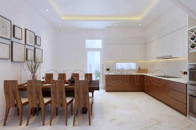 Nội thất phòng bếp được thiết kế bằng bộ bàn ăn gỗ nguyên tấm và ghế sofa bọc đẹp.