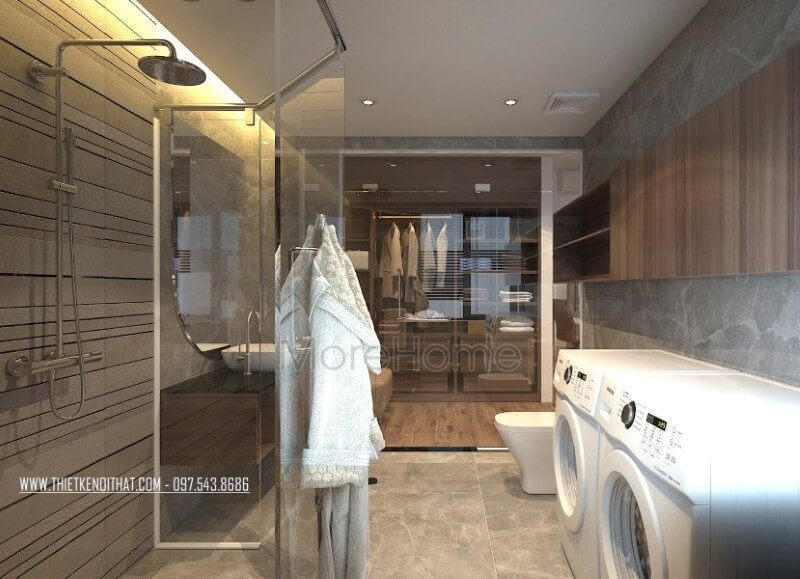 . Nội thất phòng tắm biệt thự rất sang trọng và sạch sẽ. Các vật liệu nhẹ như kính cường lực, gương, hay các chi tiết mở rộng như thiết kế kết hợp tủ và kệ giúp giảm thiểu đáng kể diện tích sử dụng.