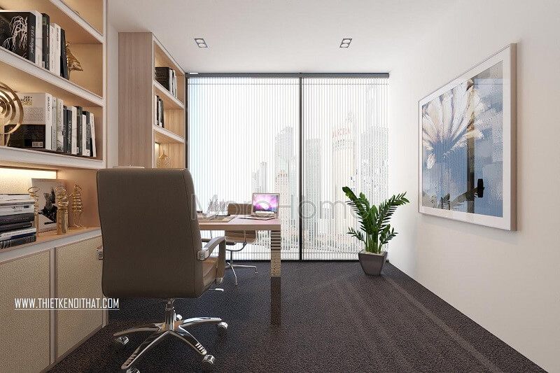 Thiết kế nội thất cho phòng làm việc theo phong cách sang trọng với sự bố trí hợp lý và tiện nghi.